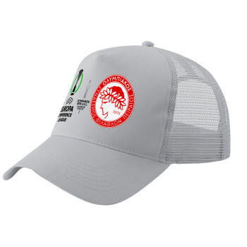 Olympiacos UEFA Europa Conference League Champion 2023/24, Adult Structured Trucker Hat, with Mesh, GRAY (100% COTTON, ADULT, UNISEX, ONE SIZE)