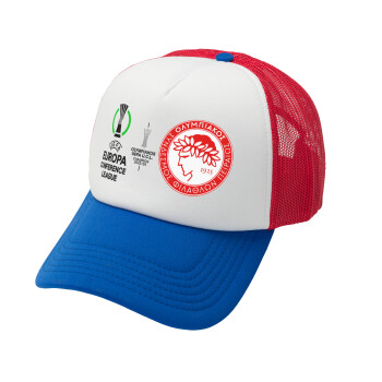 Olympiacos UEFA Europa Conference League Champion 2023/24, Adult Soft Trucker Hat with Red/Blue/White Mesh (POLYESTER, ADULT, UNISEX, ONE SIZE)