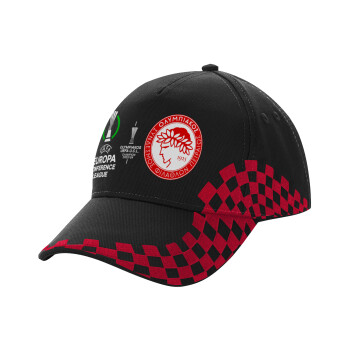 Olympiacos UEFA Europa Conference League Champion 2023/24, Adult Cap RACING Ultimate Black/Red, (100% COTTON DRILL, ADULT, UNISEX, ONE SIZE)