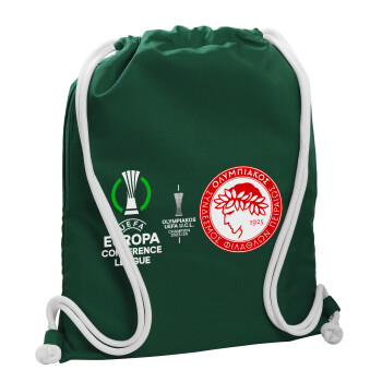 Olympiacos UEFA Europa Conference League Champion 2023/24, Τσάντα πλάτης πουγκί GYMBAG BOTTLE GREEN, με τσέπη (40x48cm) & χονδρά λευκά κορδόνια