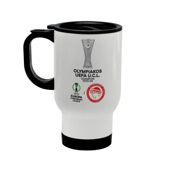 Olympiacos UEFA Europa Conference League Champion 2023/24, Stainless steel travel mug with lid, double wall white 450ml