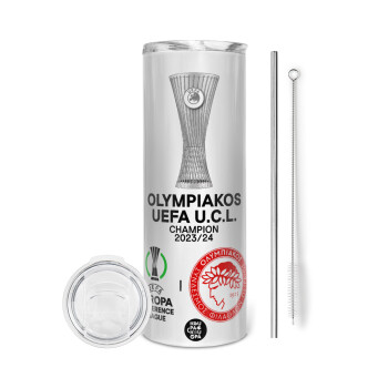 Olympiacos UEFA Europa Conference League Champion 2023/24, Eco friendly stainless steel tumbler 600ml, with metal straw & cleaning brush