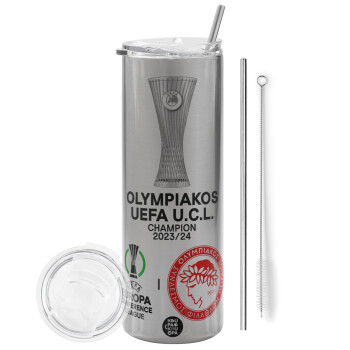 Olympiacos UEFA Europa Conference League Champion 2023/24, Eco friendly stainless steel Silver tumbler 600ml, with metal straw & cleaning brush