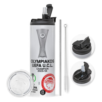 Olympiacos UEFA Europa Conference League Champion 2023/24, Travel Tumbler 2 Lids, with metal straw & cleaning brush (Stainless steel 304 Food grade, BPA free, 600ml)