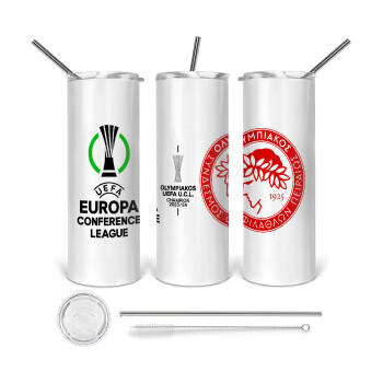 Ολυμπιακός νικητής UEFA Europa Conference League Champion 2023/24, 360 Eco friendly ποτήρι θερμό (tumbler) από ανοξείδωτο ατσάλι 600ml, με μεταλλικό καλαμάκι & βούρτσα καθαρισμού