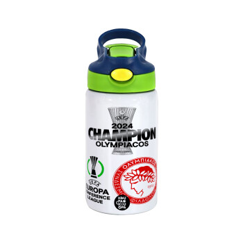 Olympiacos UEFA Europa Conference League Champion 2024, Children's hot water bottle, stainless steel, with safety straw, green, blue (350ml)