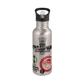 Olympiacos UEFA Europa Conference League Champion 2024, Water bottle Silver with straw, stainless steel 600ml
