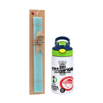 Olympiacos UEFA Europa Conference League Champion 2024, Easter Set, Children's thermal stainless steel bottle with safety straw, green/blue (350ml) & aromatic flat Easter candle (30cm) (TURQUOISE)