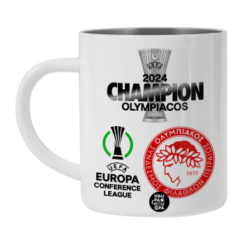 Olympiacos UEFA Europa Conference League Champion 2024, Λευκή Ανοξείδωτη Μεταλλική Κούπα 450ml - Διπλού Τοιχώματος 