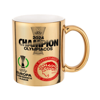 Olympiacos UEFA Europa Conference League Champion 2024, Κούπα κεραμική, χρυσή καθρέπτης, 330ml
