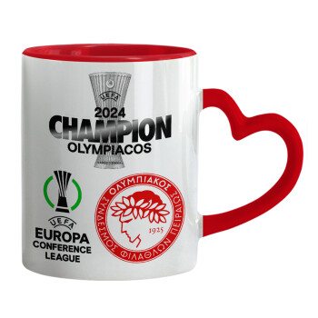 Olympiacos UEFA Europa Conference League Champion 2024, Κούπα καρδιά χερούλι κόκκινη, κεραμική, 330ml