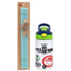 Easter Set, Children's thermal stainless steel bottle with safety straw, green/blue (350ml) & aromatic flat Easter candle (30cm) (TURQUOISE)