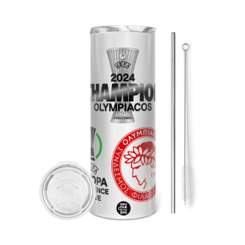 Olympiacos UEFA Europa Conference League Champion 2024, Eco friendly stainless steel tumbler 600ml, with metal straw & cleaning brush