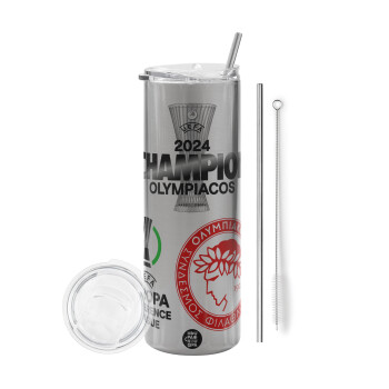 Olympiacos UEFA Europa Conference League Champion 2024, Eco friendly stainless steel Silver tumbler 600ml, with metal straw & cleaning brush