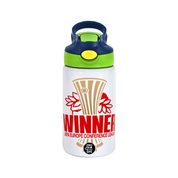 Europa Conference League WINNER, Children's hot water bottle, stainless steel, with safety straw, green, blue (350ml)