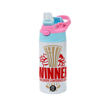 Europa Conference League WINNER, Children's hot water bottle, stainless steel, with safety straw, Pink/BlueCiel (360ml) BPA FREE