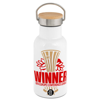 Europa Conference League WINNER, Metallic thermos (Stainless steel) White with wooden lid (bamboo), double-walled, 350ml