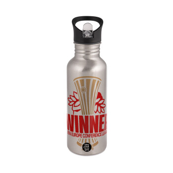 Europa Conference League WINNER, Water bottle Silver with straw, stainless steel 600ml