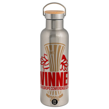 Europa Conference League WINNER, Stainless steel Silver with wooden lid (bamboo), double wall, 750ml
