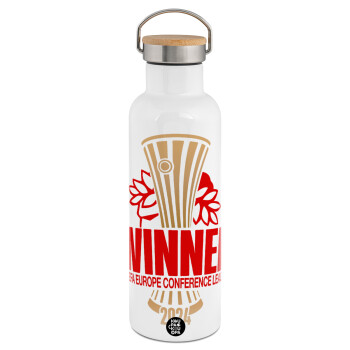 Europa Conference League WINNER, Stainless steel White with wooden lid (bamboo), double wall, 750ml