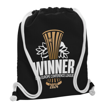 Europa Conference League WINNER, Τσάντα πλάτης πουγκί GYMBAG Μαύρη, με τσέπη (40x48cm) & χονδρά λευκά κορδόνια