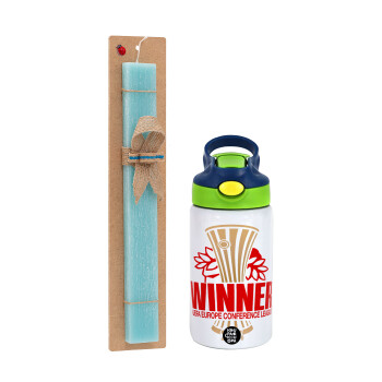 Europa Conference League WINNER, Easter Set, Children's thermal stainless steel bottle with safety straw, green/blue (350ml) & aromatic flat Easter candle (30cm) (TURQUOISE)