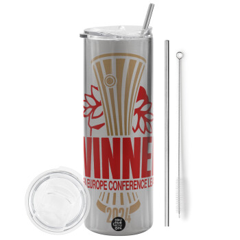 Europa Conference League WINNER, Eco friendly stainless steel Silver tumbler 600ml, with metal straw & cleaning brush