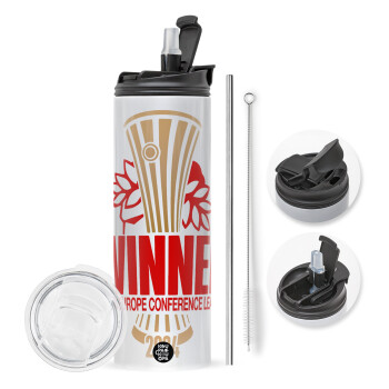 Europa Conference League WINNER, Travel Tumbler 2 Lids, with metal straw & cleaning brush (Stainless steel 304 Food grade, BPA free, 600ml)