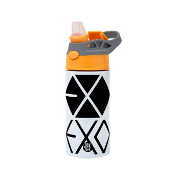 EXO Band korea, Children's hot water bottle, stainless steel, with safety straw, Orange/Grey (360ml) BPA-FREE