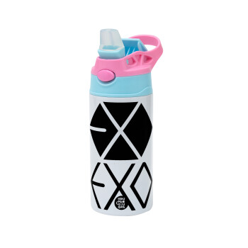 EXO Band korea, Children's hot water bottle, stainless steel, with safety straw, Pink/BlueCiel (360ml) BPA FREE