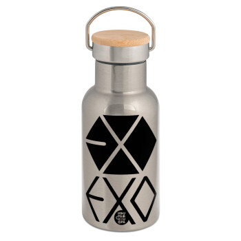 EXO Band korea, Stainless steel metallic thermos flask, silver with a bamboo lid, double-walled, 350ml.