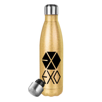 EXO Band korea, Μεταλλικό παγούρι θερμός Glitter χρυσό (Stainless steel), διπλού τοιχώματος, 500ml