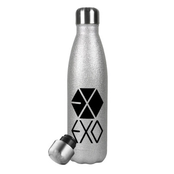 EXO Band korea, Μεταλλικό παγούρι θερμός Glitter Aσημένιο (Stainless steel), διπλού τοιχώματος, 500ml