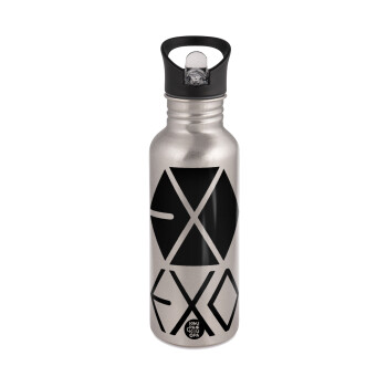 EXO Band korea, Water bottle Silver with straw, stainless steel 600ml