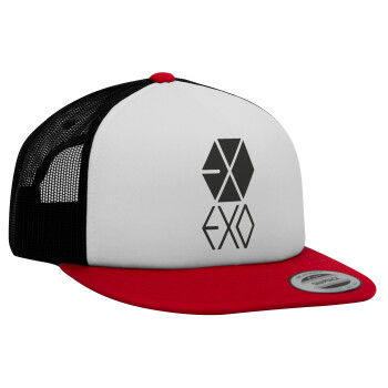 EXO Band korea, Adult Foam Flat Snapback with Mesh Red-White-Black (POLYESTER, ADULT, UNISEX, ONE SIZE)