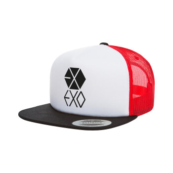 EXO Band korea, Adult Foam Flat Snapback with Mesh Black-White-Red (POLYESTER, ADULT, UNISEX, ONE SIZE)