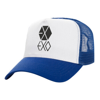 EXO Band korea, Adult Structured Trucker Hat, with Mesh, WHITE/BLUE (100% COTTON, ADULT, UNISEX, ONE SIZE)