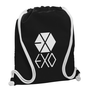 EXO Band korea, Τσάντα πλάτης πουγκί GYMBAG Μαύρη, με τσέπη (40x48cm) & χονδρά λευκά κορδόνια