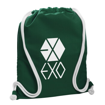 EXO Band korea, Τσάντα πλάτης πουγκί GYMBAG BOTTLE GREEN, με τσέπη (40x48cm) & χονδρά λευκά κορδόνια