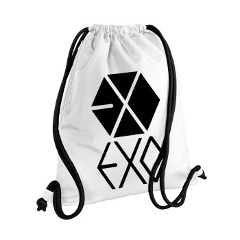 EXO Band korea, Τσάντα πλάτης πουγκί GYMBAG λευκή, με τσέπη (40x48cm) & χονδρά κορδόνια