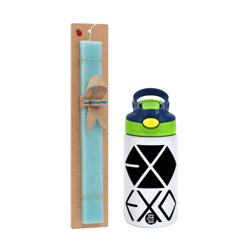 EXO Band korea, Πασχαλινό Σετ, Παιδικό παγούρι θερμό, ανοξείδωτο, με καλαμάκι ασφαλείας, πράσινο/μπλε (350ml) & πασχαλινή λαμπάδα αρωματική πλακέ (30cm) (ΤΙΡΚΟΥΑΖ)