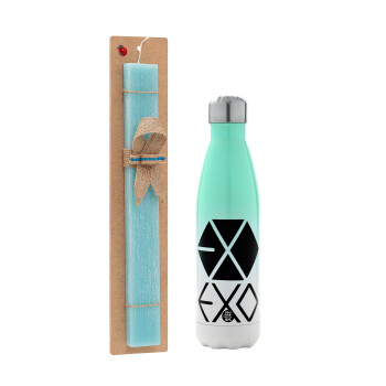 EXO Band korea, Easter Set, Metallic green/white thermos (Stainless steel), double-walled, 500ml & scented flat Easter candle (30cm) (TURQUOISE)