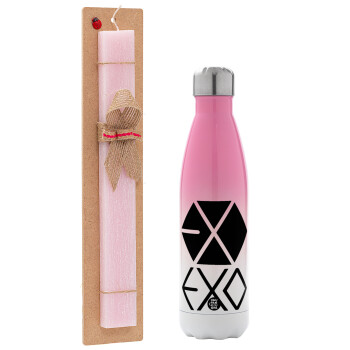 EXO Band korea, Πασχαλινό Σετ, Μεταλλικό παγούρι θερμός Ροζ/Λευκό (Stainless steel), διπλού τοιχώματος, 500ml & πασχαλινή λαμπάδα αρωματική πλακέ (30cm) (ΡΟΖ)