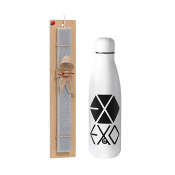 EXO Band korea, Πασχαλινό Σετ, μεταλλικό παγούρι Inox (700ml) & πασχαλινή λαμπάδα αρωματική πλακέ (30cm) (ΓΚΡΙ)