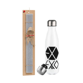 EXO Band korea, Πασχαλινή λαμπάδα, μεταλλικό παγούρι θερμός λευκός (500ml) & λαμπάδα αρωματική πλακέ (30cm) (ΓΚΡΙ)