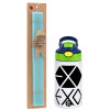 Easter Set, Children's thermal stainless steel bottle with safety straw, green/blue (350ml) & aromatic flat Easter candle (30cm) (TURQUOISE)