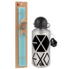 Easter Set, metallic silver aluminum water bottle (500ml) & scented flat Easter candle (30cm) (TURQUOISE)