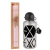 Easter Set, metallic Silver aluminum water bottle (500ml) & scented flat Easter candle (30cm) (PINK)