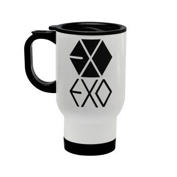 EXO Band korea, Stainless steel travel mug with lid, double wall white 450ml