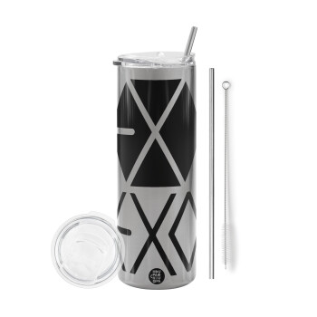 EXO Band korea, Eco friendly ποτήρι θερμό Ασημένιο (tumbler) από ανοξείδωτο ατσάλι 600ml, με μεταλλικό καλαμάκι & βούρτσα καθαρισμού
